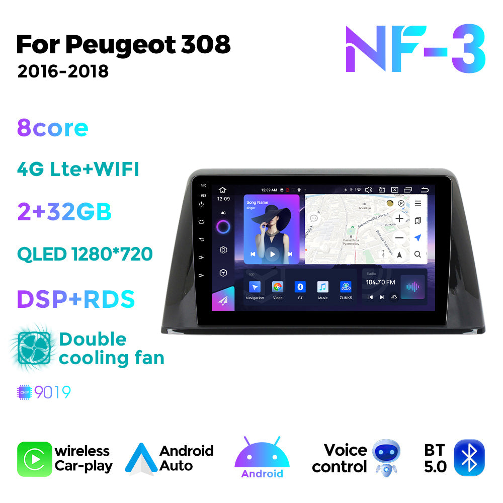 NaviFly NF Series Android 14 8G+256G 2K QLED screen CarPlay Auto DSP RDS 4GLte WIFI For Peugeot 308 2016-2018 9inch