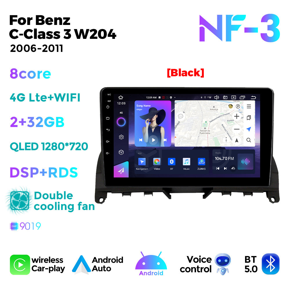 NaviFly NF Series Android 14 8G+256G 2K QLED screen CarPlay Auto DSP RDS 4GLte WIFI For Mercedes Benz C-Class 3 W204 2006-2011 9.5Inch