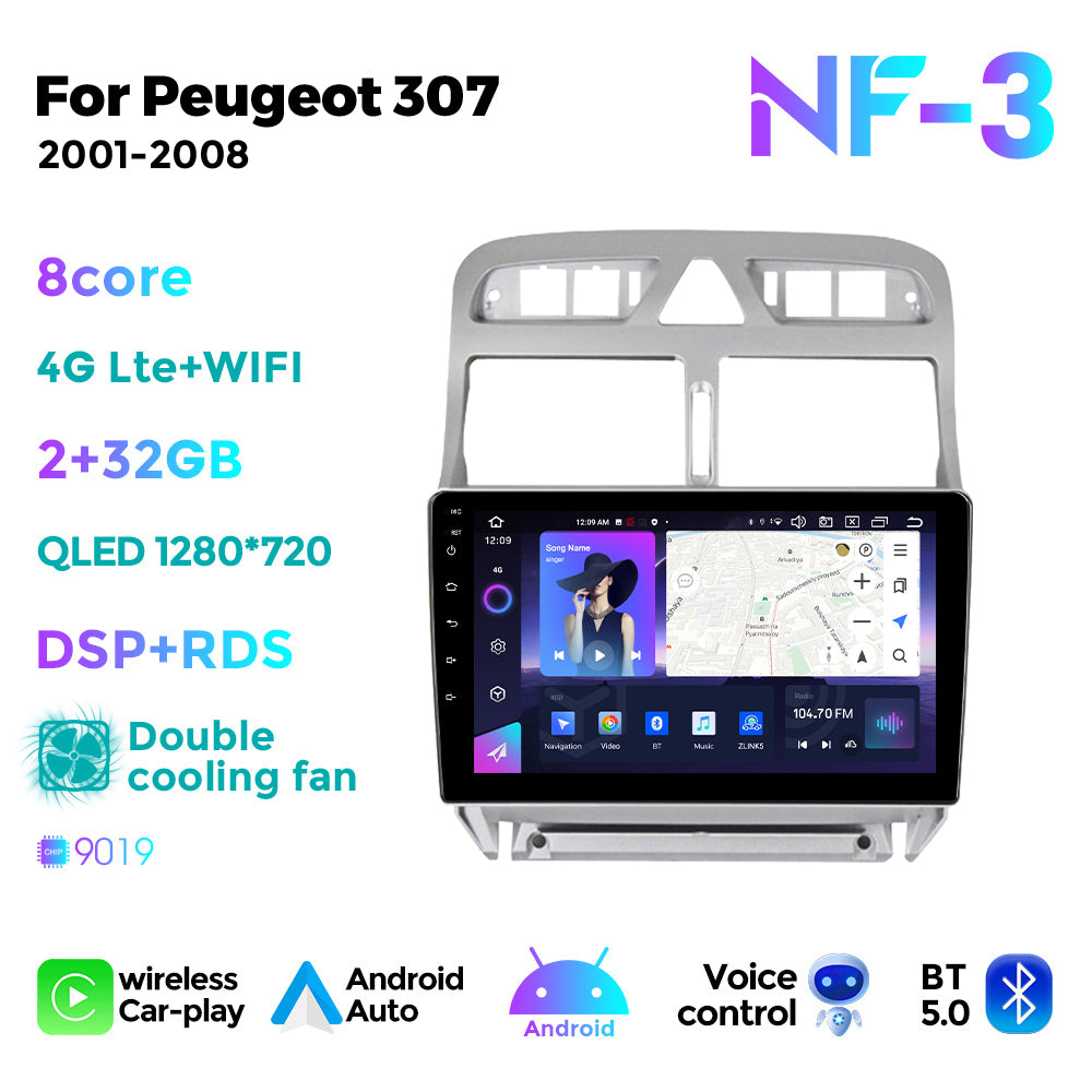 NaviFly NF Series Android 14 8G+256G 2K QLED screen CarPlay Auto DSP RDS 4GLte WIFI For Peugeot 307 2001-2008 9inch