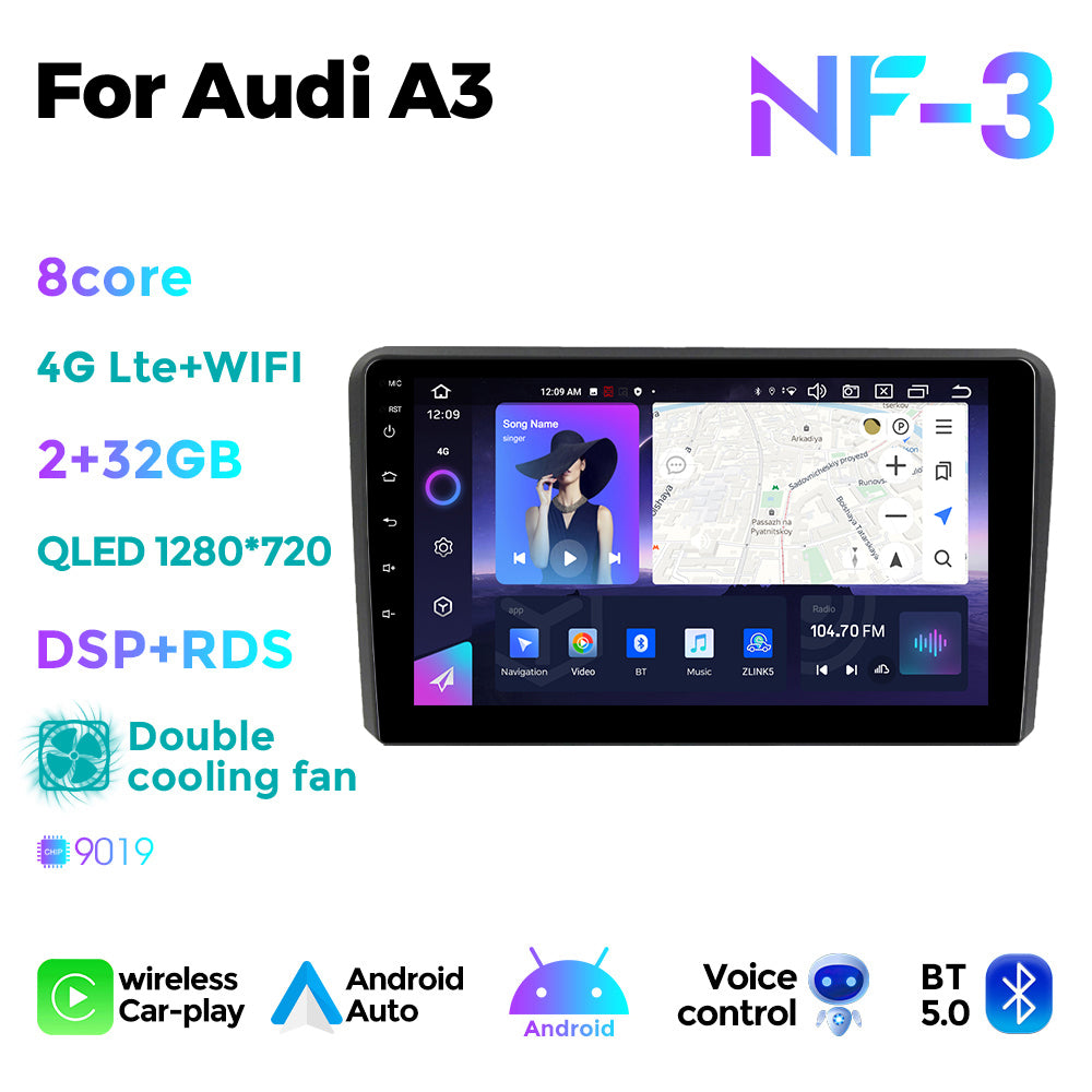 NaviFly NF Series Android 14 8G+256G 2K QLED screen CarPlay Auto DSP RDS 4GLte WIFI For Audi A3 9inch