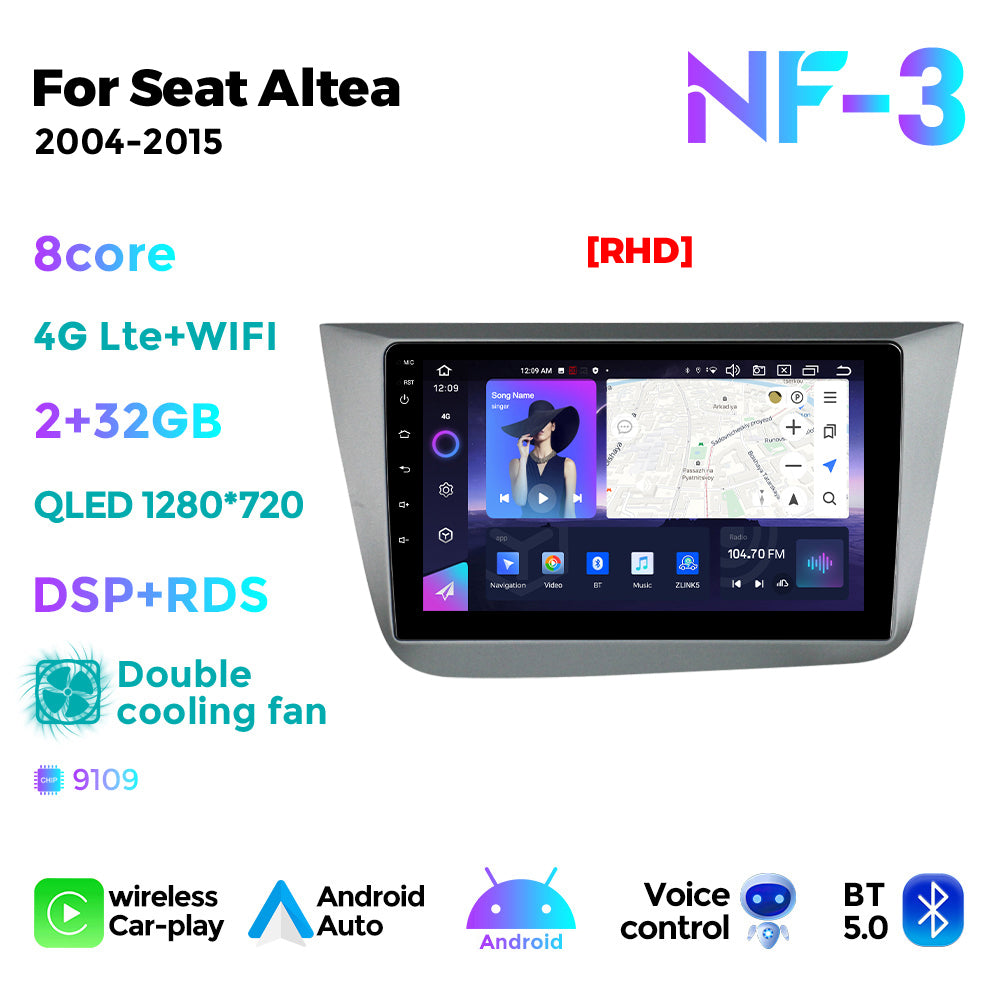 NaviFly NF Series Android 14 8G+256G 2K QLED screen CarPlay Auto DSP RDS 4GLte WIFI For Seat Altea 2004-2015 9inch