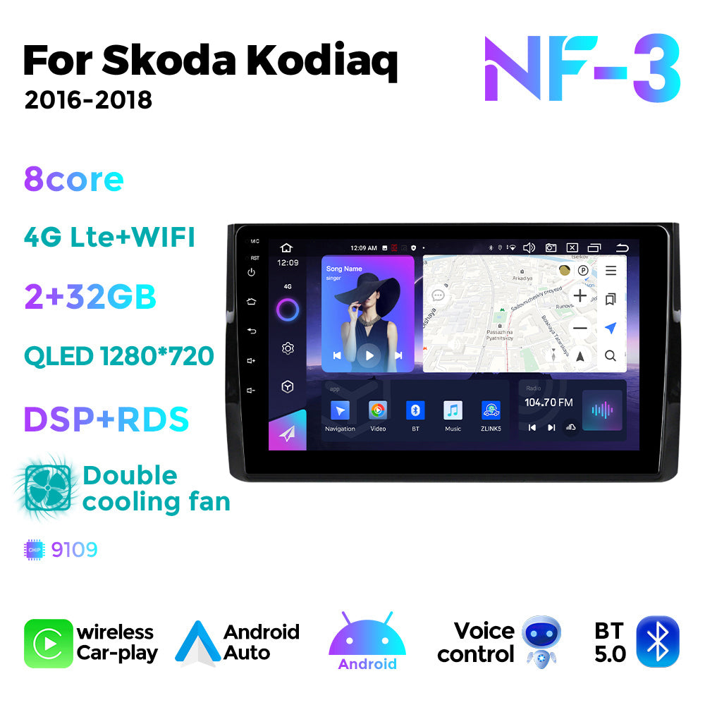 NaviFly NF Series Android 14 8G+256G 2K QLED screen CarPlay Auto DSP RDS 4GLte WIFI For Skoda Kodiaq 2016-2018 10inch