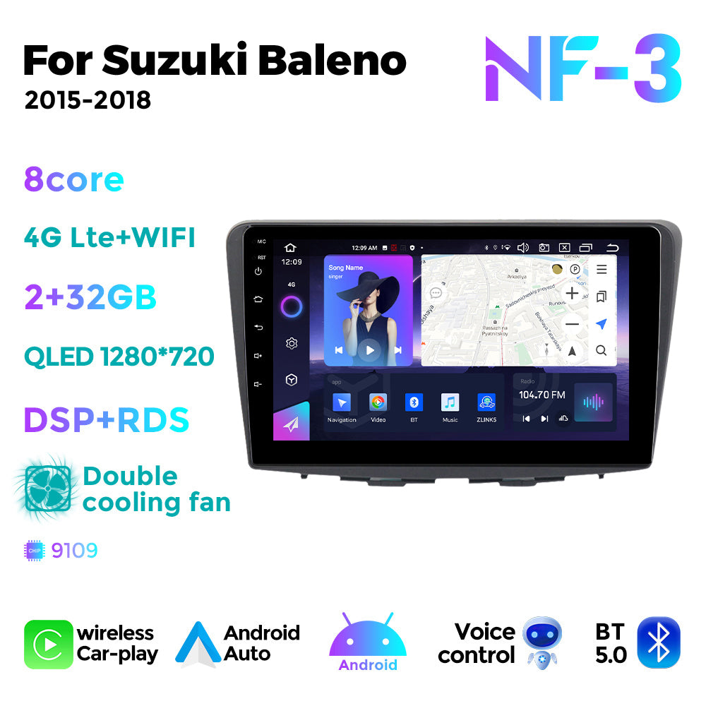 NaviFly NF Series Android 14 8G+256G 2K QLED screen CarPlay Auto DSP RDS 4GLte WIFI For Suzuki Baleno 2015-2018 9inch