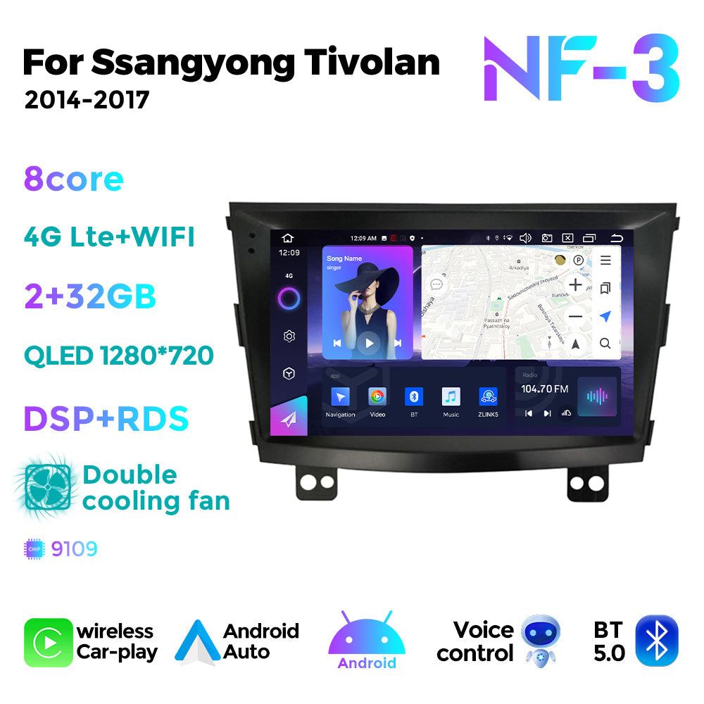 NaviFly NF Series Android 14 8G+256G 2K QLED screen CarPlay Auto DSP RDS 4GLte WIFI For Ssangyong Tivolan 2014-2017 9inch