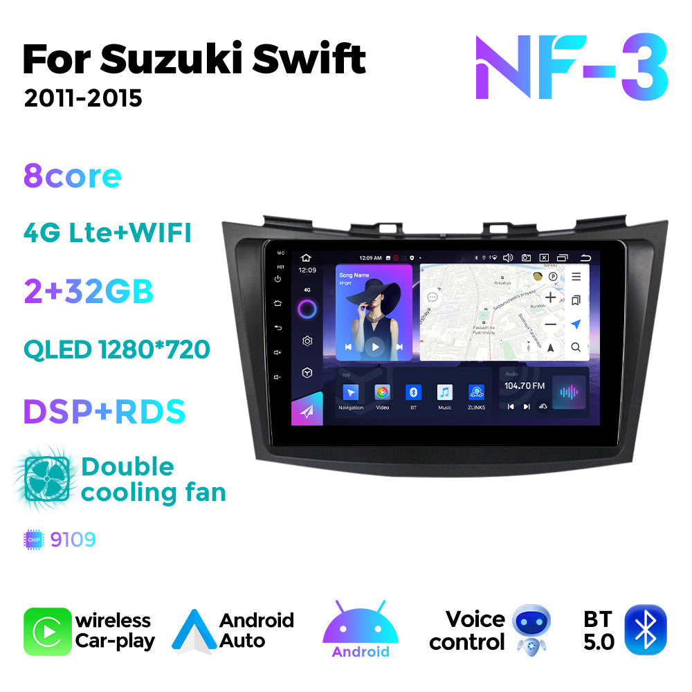 NaviFly NF Series Android 14 8G+256G 2K QLED screen CarPlay Auto DSP RDS 4GLte WIFI For Suzuki Swift 2011-2015 9inch