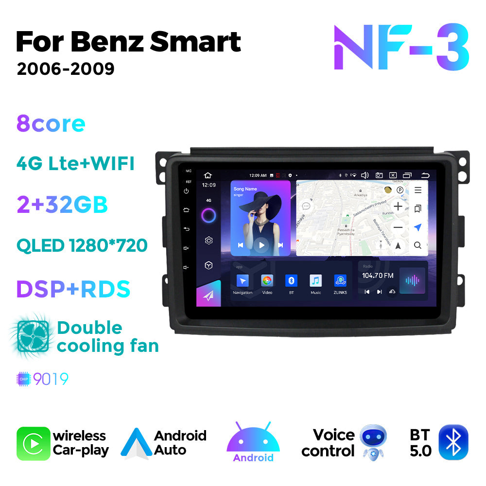 NaviFly NF Series Android 14 8G+256G 2K QLED screen CarPlay Auto DSP RDS 4GLte WIFI For Mercedes Benz Smart 2006-2009 9.5Inch
