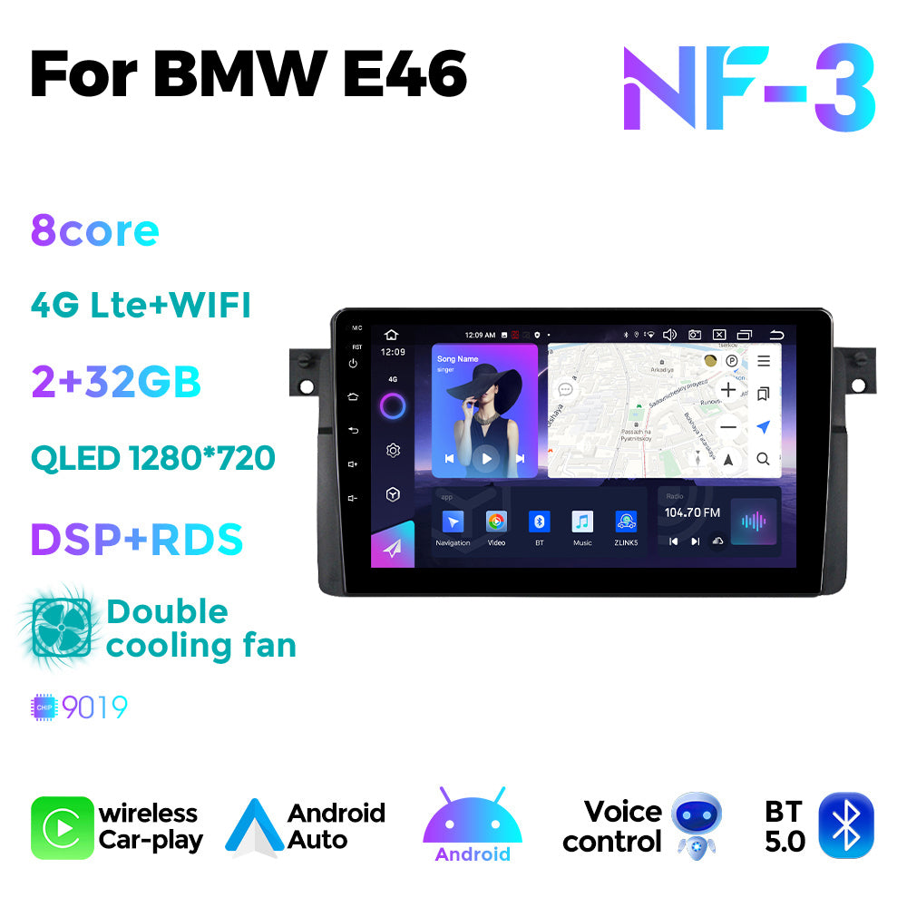 NaviFly NF Series Android 14 8G+256G 2K QLED screen CarPlay Auto DSP RDS 4GLte WIFI For BMW E46 9inch