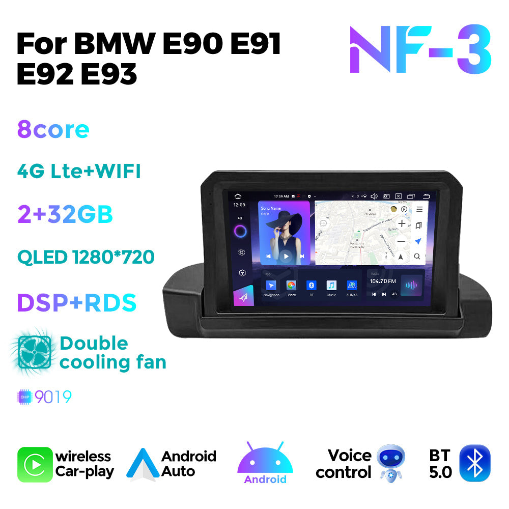 NaviFly NF Series Android 14 8G+256G 2K QLED screen CarPlay Auto DSP RDS 4GLte WIFI For BMW E90 E91 E92 E93 9inch