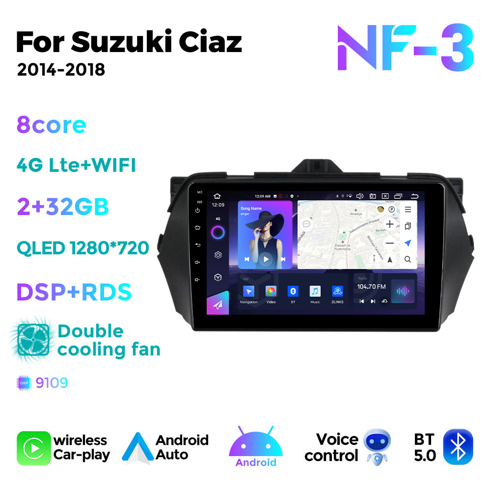 NaviFly NF Series Android 14 8G+256G 2K QLED screen CarPlay Auto DSP RDS 4GLte WIFI For Suzuki Ciaz 2014-2018 9inch