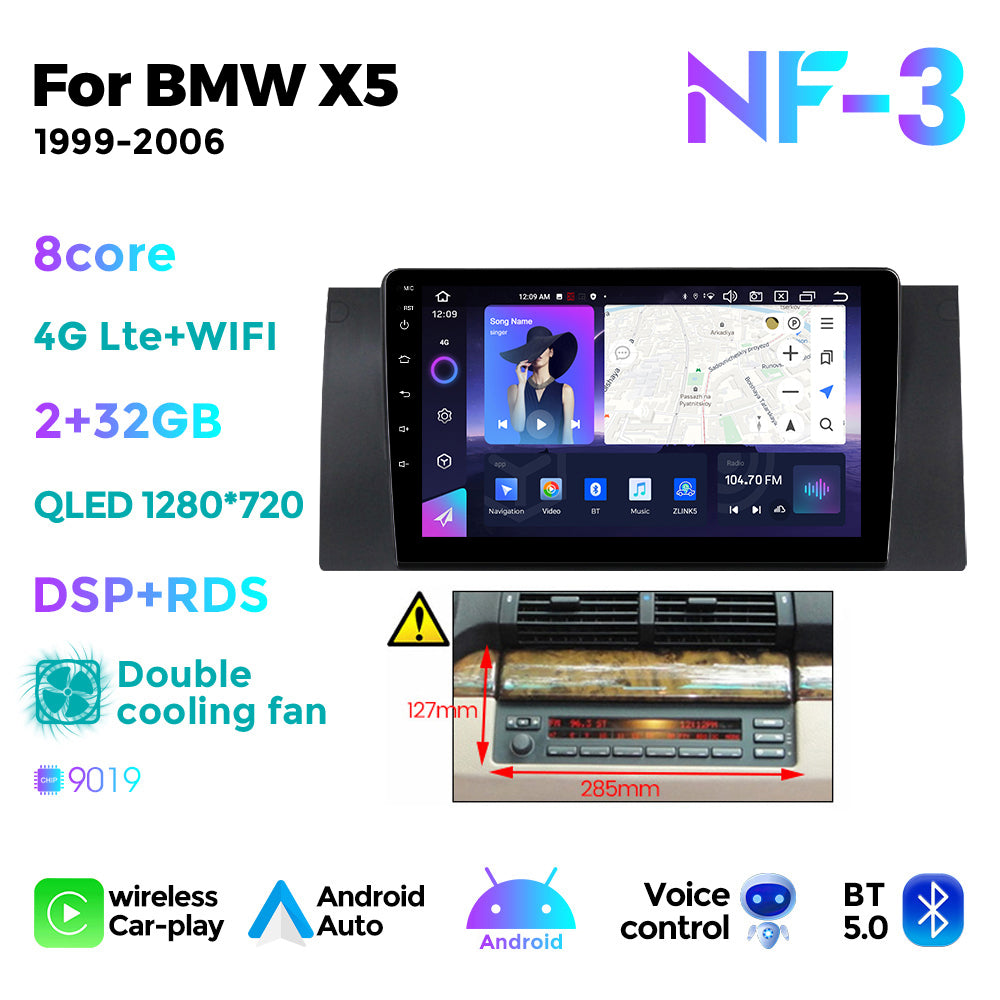 NaviFly NF Series Android 14 8G+256G 2K QLED screen CarPlay Auto DSP RDS 4GLte WIFI For BMW X5 1999-2006 (E39) 9inch