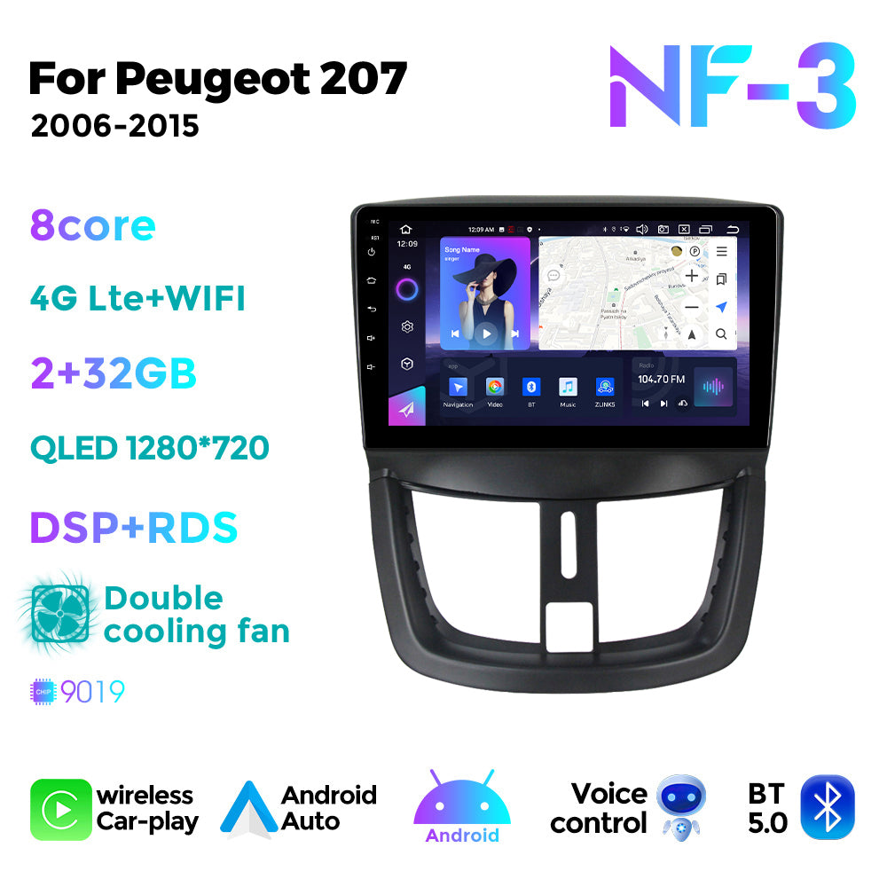 NaviFly NF Series Android 14 8G+256G 2K QLED screen CarPlay Auto DSP RDS 4GLte WIFI For Peugeot 207 2006-2015 9inch
