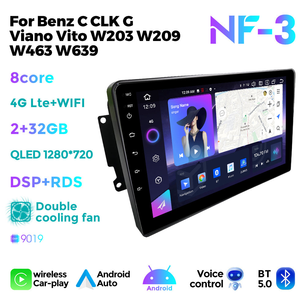 NaviFly NF Series Android 14 8G+256G 2K QLED screen CarPlay Auto DSP RDS 4GLte WIFI For Benz C CLK G Viano Vito W203 W209  W463 W639 9inch