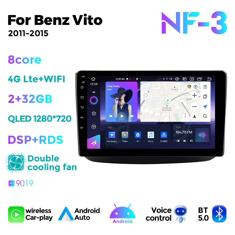 NaviFly NF Series Android 14 8G+256G 2K QLED screen CarPlay Auto DSP RDS 4GLte WIFI For Benz Vito 2011-2015 10.36inch