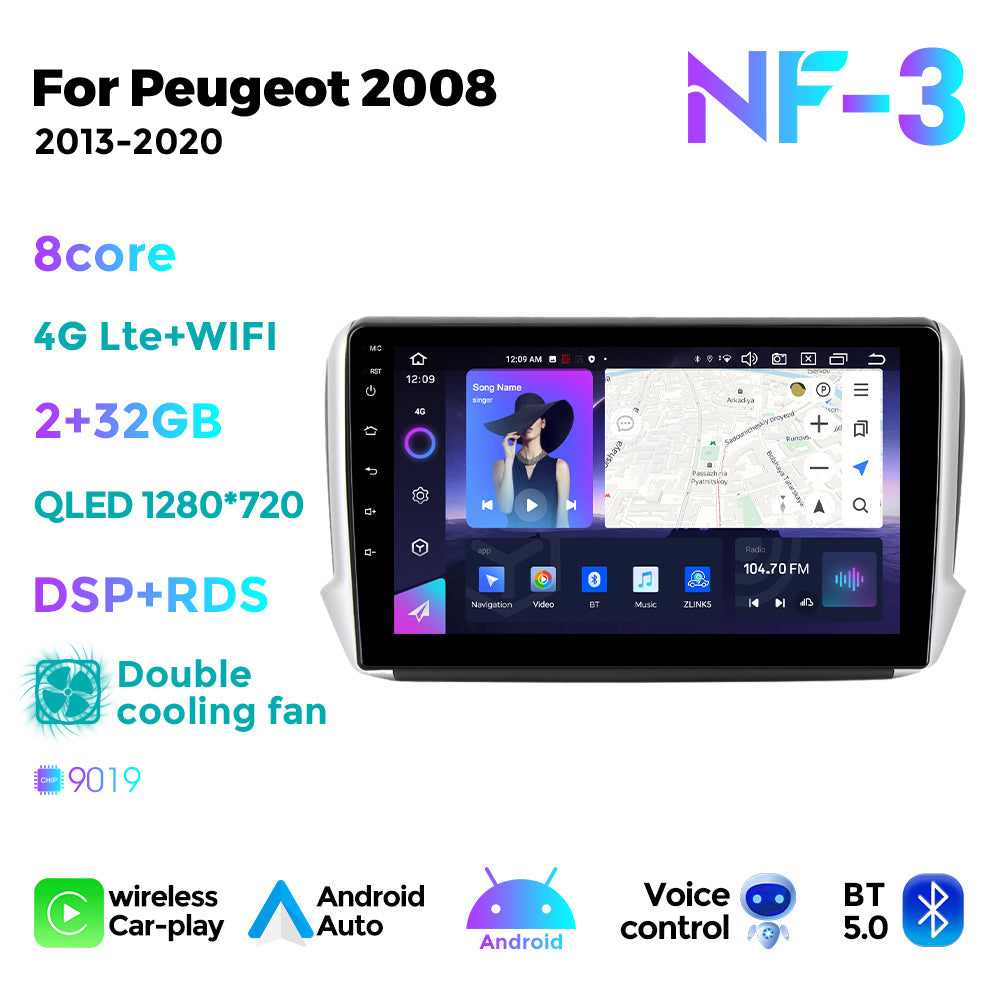NaviFly NF Series Android 14 8G+256G 2K QLED screen CarPlay Auto DSP RDS 4GLte WIFI For Peugeot 2008 2013-2020 10inch