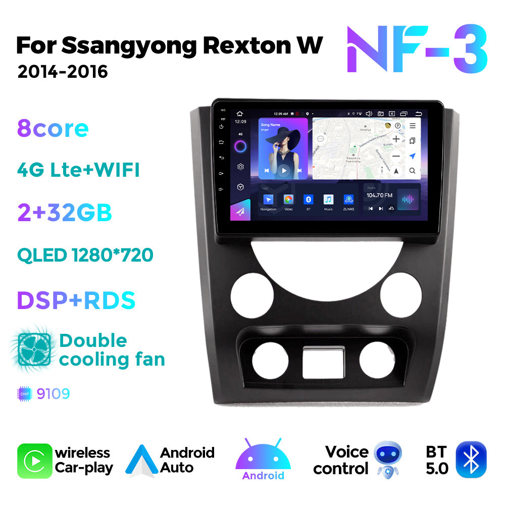 NaviFly NF Series Android 14 8G+256G 2K QLED screen CarPlay Auto DSP RDS 4GLte WIFI For Ssangyong Rexton W 2014-2016 9inch