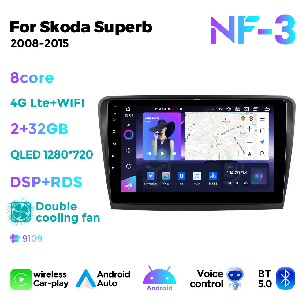 NaviFly NF Series Android 14 8G+256G 2K QLED screen CarPlay Auto DSP RDS 4GLte WIFI For Skoda Superb 2008-2015 10inch