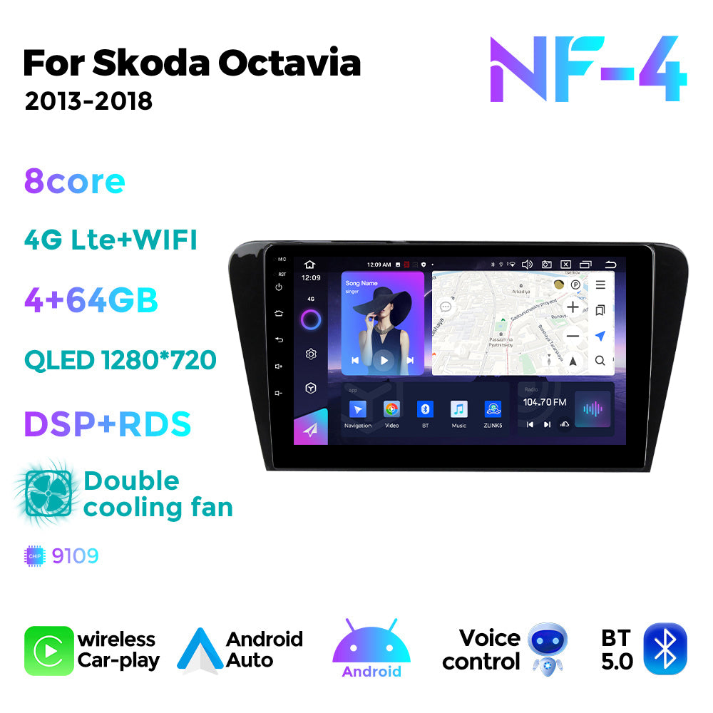 NaviFly NF Series Android 14 8G+256G 2K QLED screen CarPlay Auto DSP RDS 4GLte WIFI For Skoda Octavia 2013-2018 10inch
