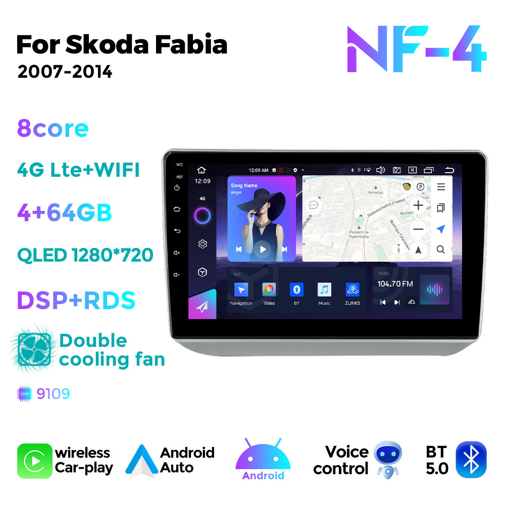 NaviFly NF Series Android 14 8G+256G 2K QLED screen CarPlay Auto DSP RDS 4GLte WIFI For Skoda Fabia 2007-2014 10inch