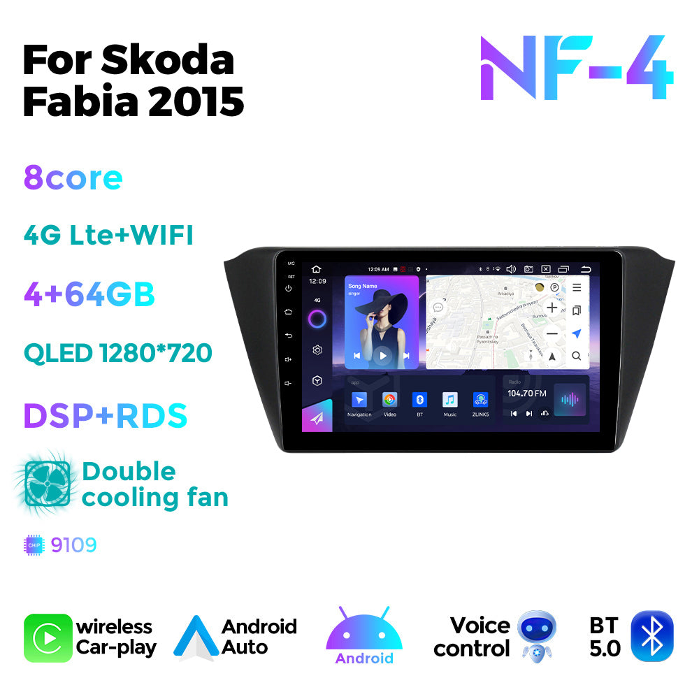 NaviFly NF Series Android 14 8G+256G 2K QLED screen CarPlay Auto DSP RDS 4GLte WIFI For Skoda Fabia 2015 10inch
