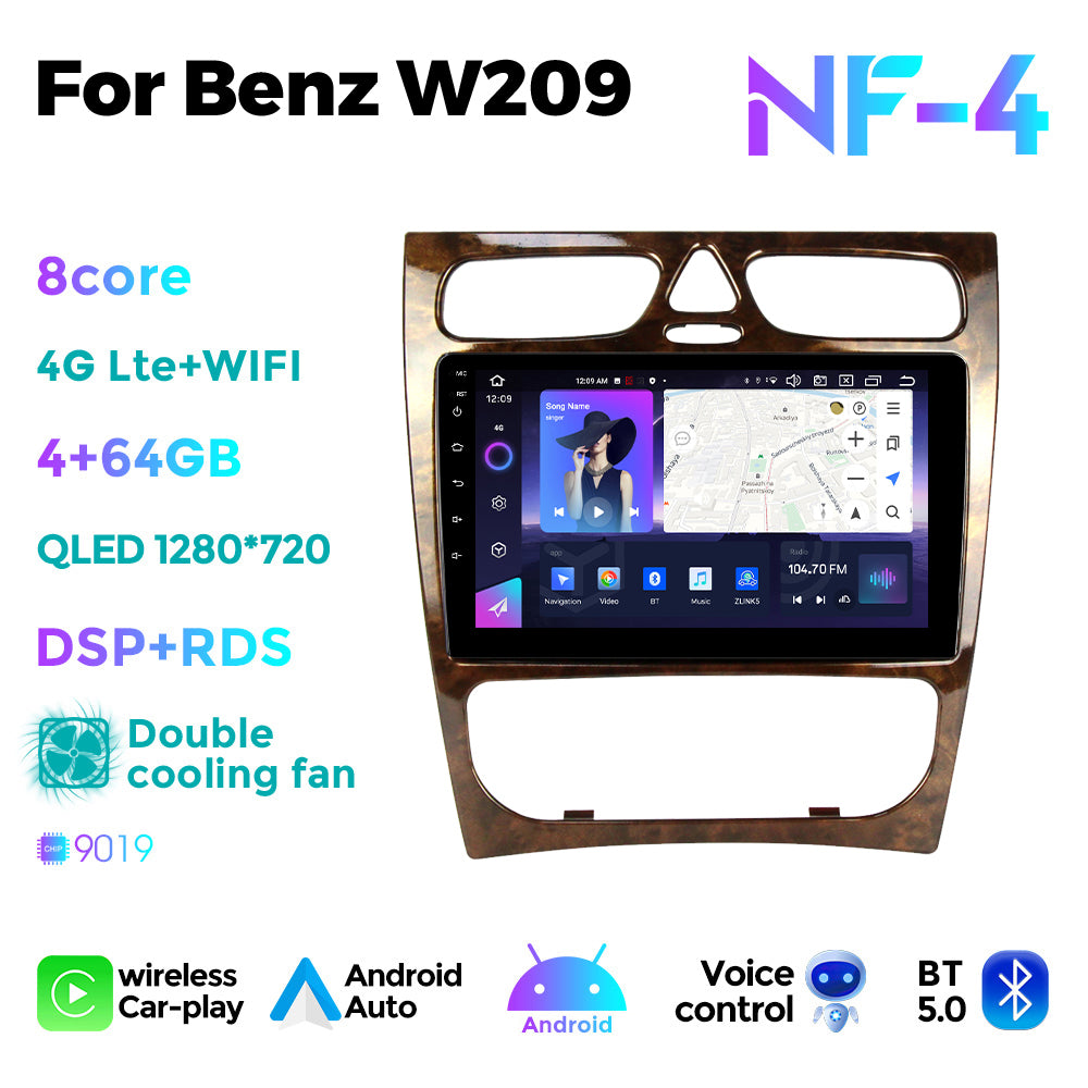 NaviFly NF Series Android 14 8G+256G 2K QLED screen CarPlay Auto DSP RDS 4GLte WIFI For Benz W209 9inch