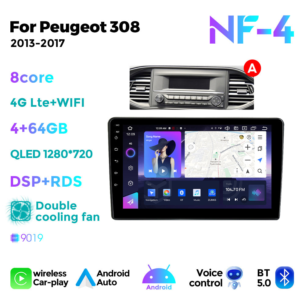 NaviFly NF Series Android 14 8G+256G 2K QLED screen CarPlay Auto DSP RDS 4GLte WIFI For Peugeot 308 2013-2017-AB 9inch