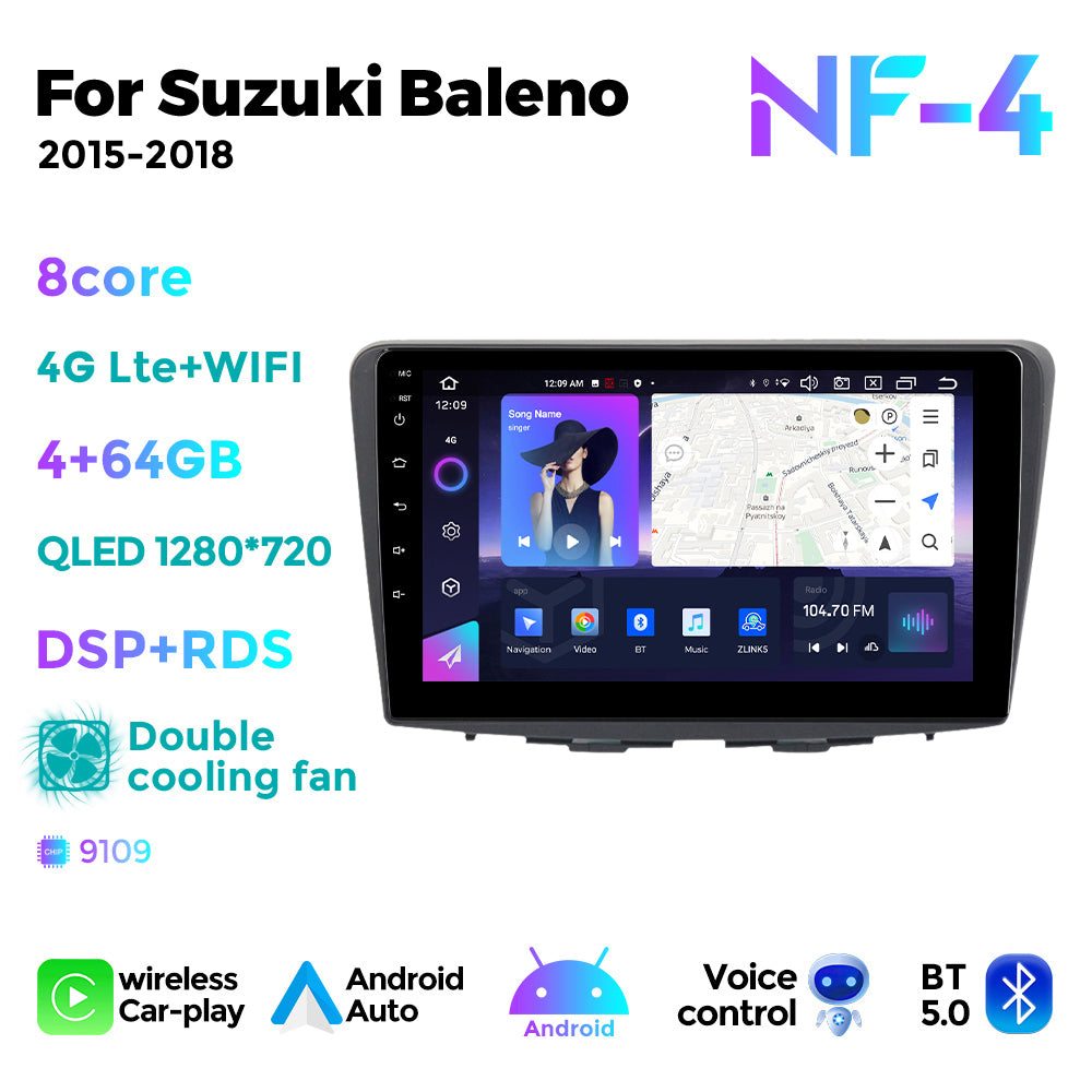 NaviFly NF Series Android 14 8G+256G 2K QLED screen CarPlay Auto DSP RDS 4GLte WIFI For Suzuki Baleno 2015-2018 9inch
