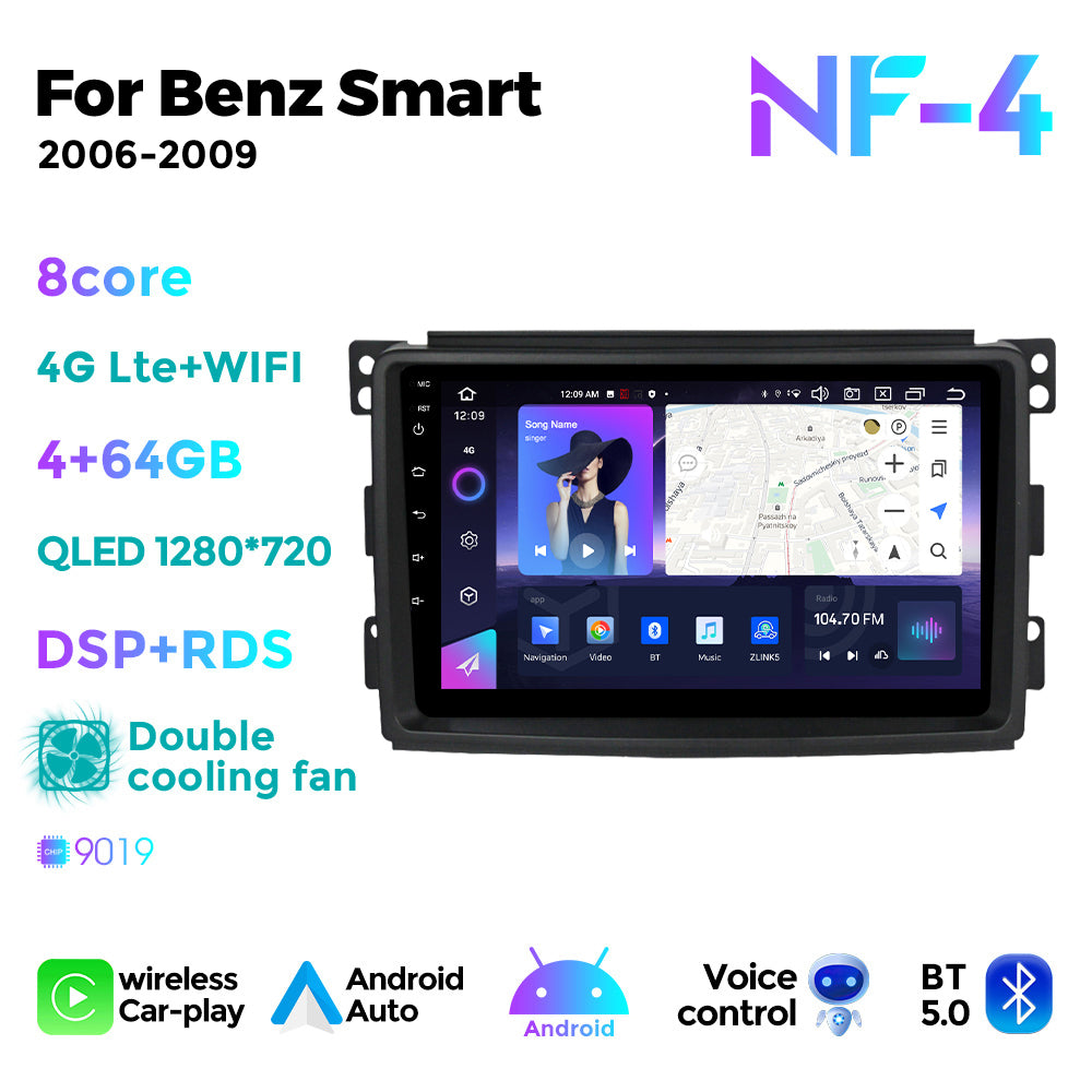NaviFly NF Series Android 14 8G+256G 2K QLED screen CarPlay Auto DSP RDS 4GLte WIFI For Mercedes Benz Smart 2006-2009 9.5Inch