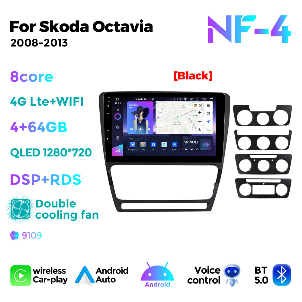 NaviFly NF Series Android 14 8G+256G 2K QLED screen CarPlay Auto DSP RDS 4GLte WIFI For Skoda Octavia 2008-2013 10inch Silver Black