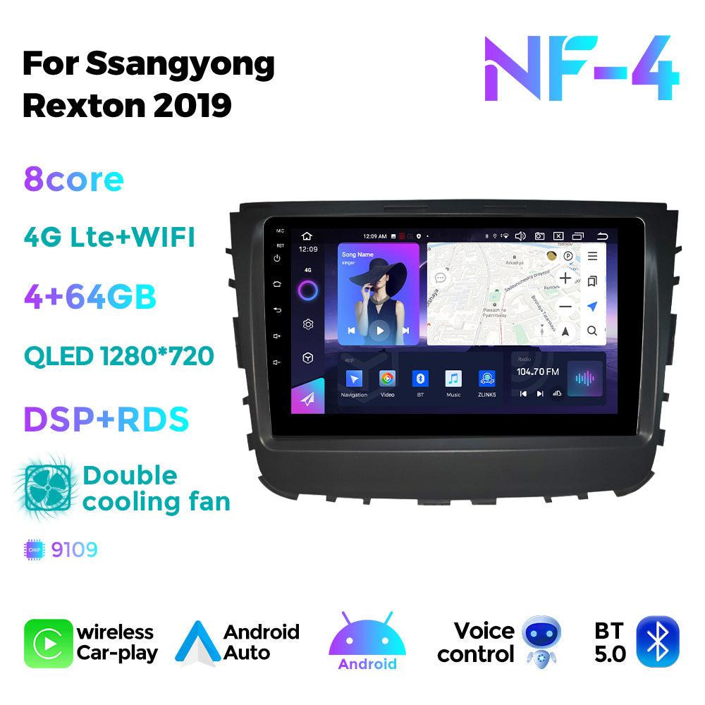 NaviFly NF Series Android 14 8G+256G 2K QLED screen CarPlay Auto DSP RDS 4GLte WIFI For Ssangyong Rexton 2019 9inch