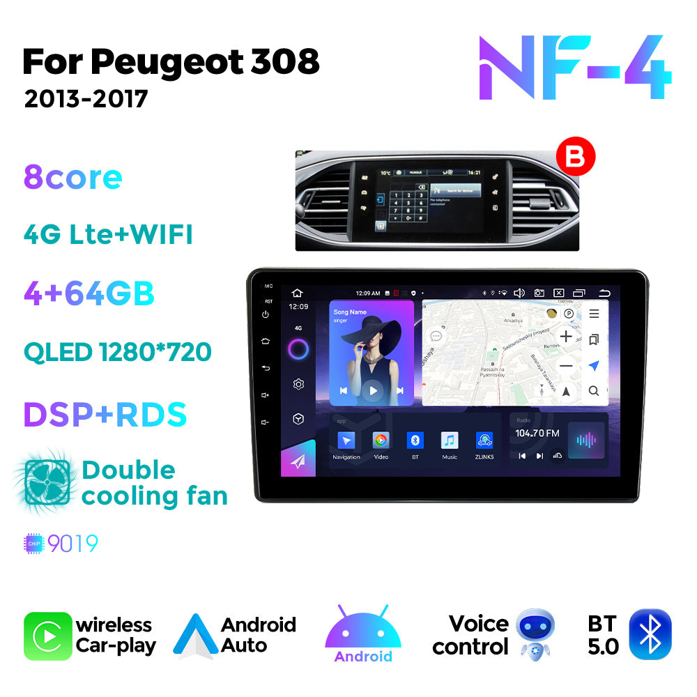 NaviFly NF Series Android 14 8G+256G 2K QLED screen CarPlay Auto DSP RDS 4GLte WIFI For Peugeot 308 2013-2017-AB 9inch
