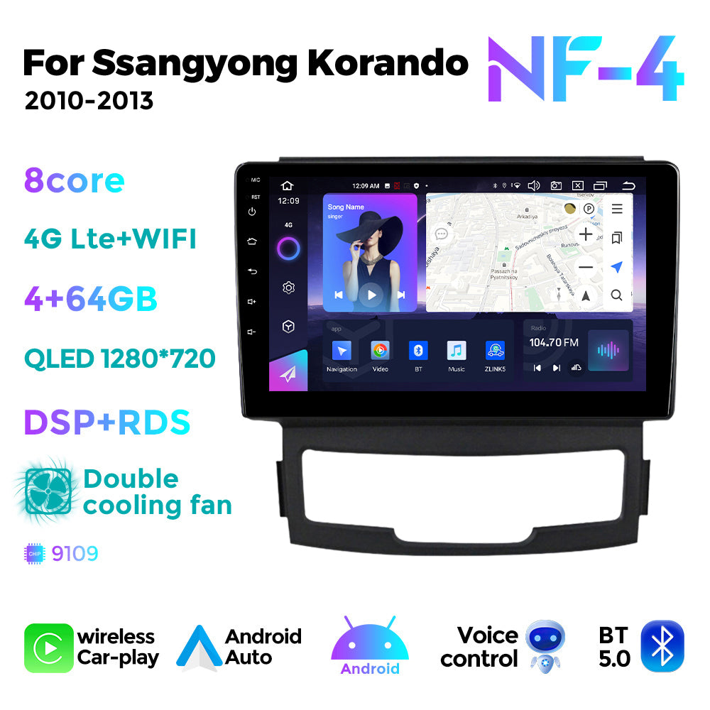 NaviFly NF Series Android 14 8G+256G 2K QLED screen CarPlay Auto DSP RDS 4GLte WIFI For Ssangyong Korando 2010-2013 9inch