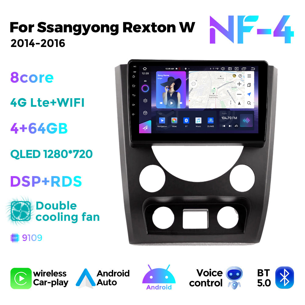 NaviFly NF Series Android 14 8G+256G 2K QLED screen CarPlay Auto DSP RDS 4GLte WIFI For Ssangyong Rexton W 2014-2016 9inch