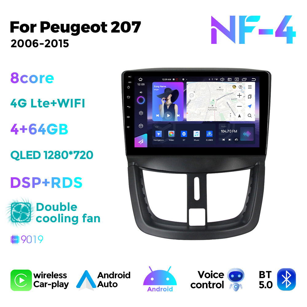 NaviFly NF Series Android 14 8G+256G 2K QLED screen CarPlay Auto DSP RDS 4GLte WIFI For Peugeot 207 2006-2015 9inch