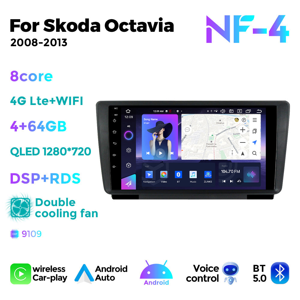NaviFly NF Series Android 14 8G+256G 2K QLED screen CarPlay Auto DSP RDS 4GLte WIFI For Skoda Octavia 2008-2013 9inch