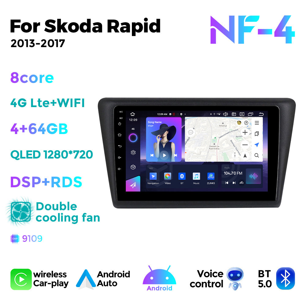 NaviFly NF Series Android 14 8G+256G 2K QLED screen CarPlay Auto DSP RDS 4GLte WIFI For Skoda Rapid 2013-2017 9inch