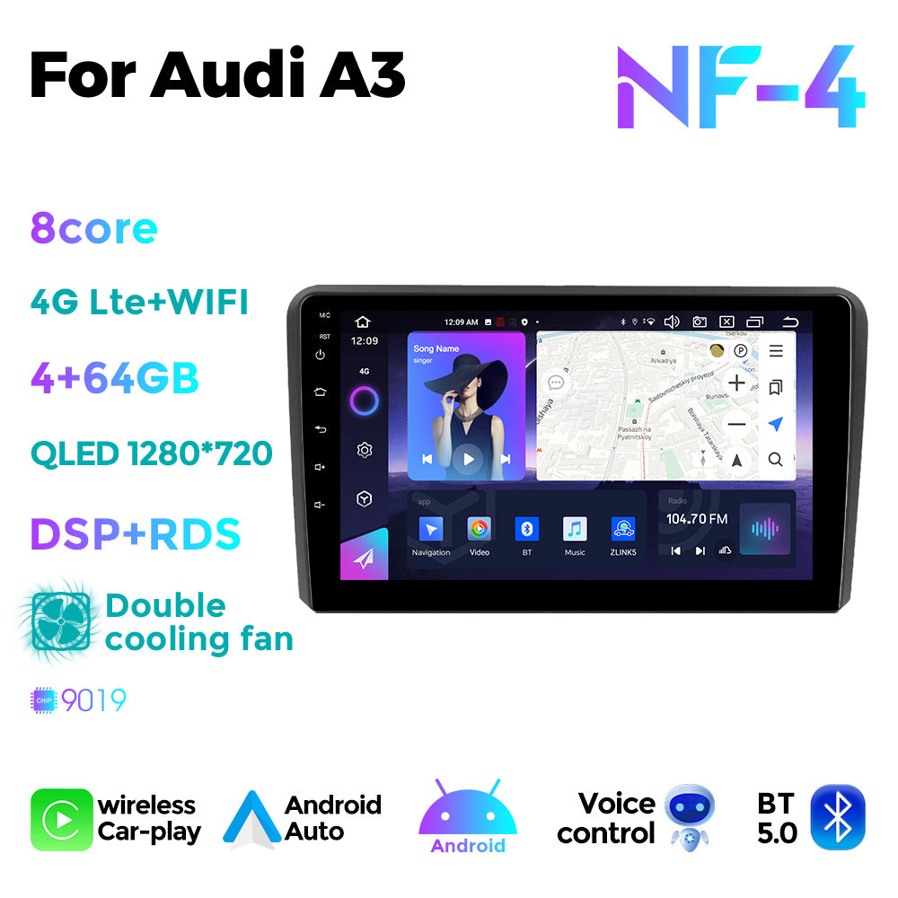 NaviFly NF Series Android 14 8G+256G 2K QLED screen CarPlay Auto DSP RDS 4GLte WIFI For Audi A3 9inch