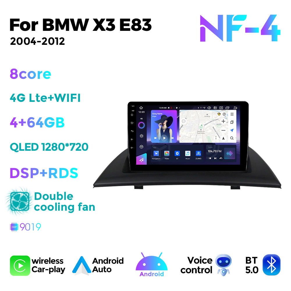 NaviFly NF Series Android 14 8G+256G 2K QLED screen CarPlay Auto DSP RDS 4GLte WIFI For BMW X3 E83 2004-2012 9inch