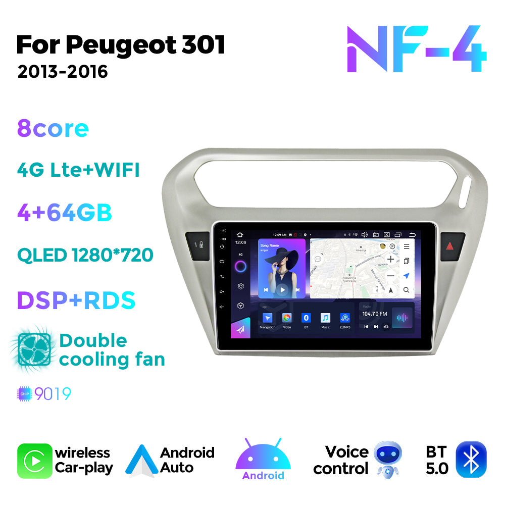 NaviFly NF Series Android 14 8G+256G 2K QLED screen CarPlay Auto DSP RDS 4GLte WIFI For Peugeot 301 2013-2016 9inch