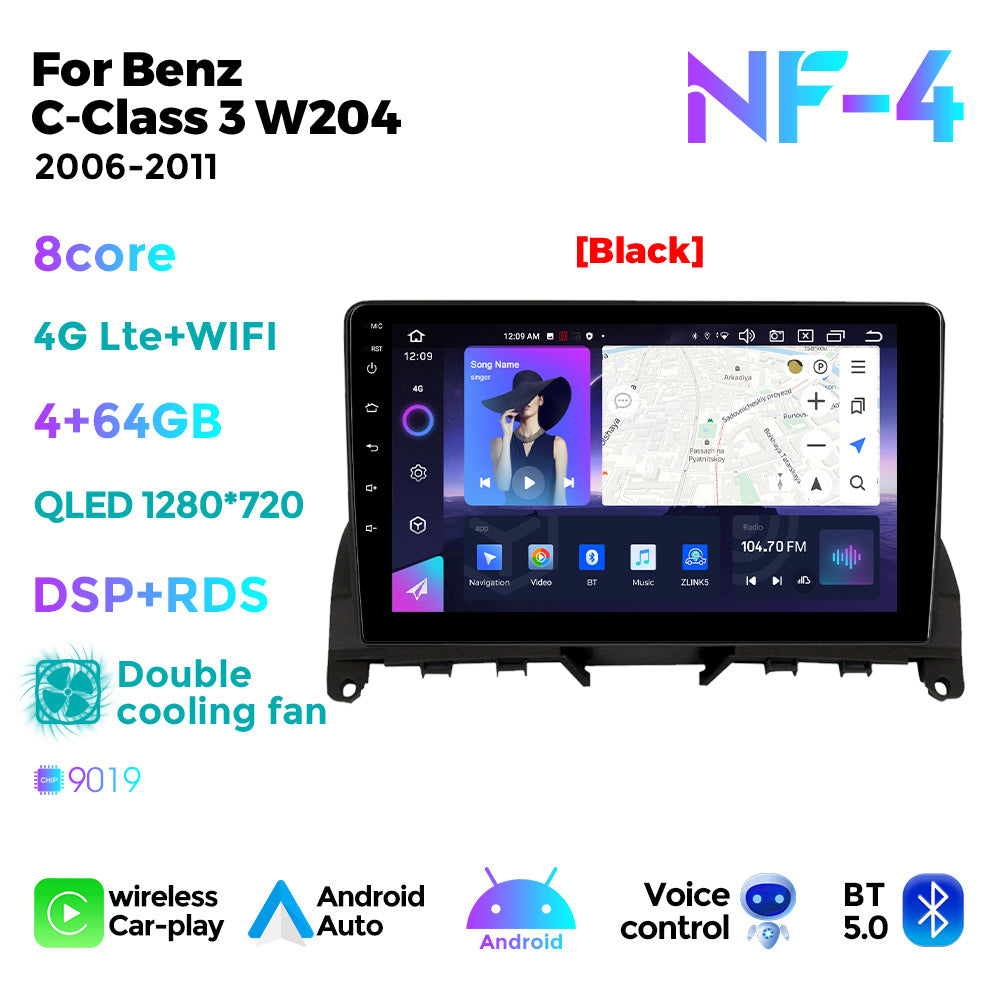 NaviFly NF Series Android 14 8G+256G 2K QLED screen CarPlay Auto DSP RDS 4GLte WIFI For Mercedes Benz C-Class 3 W204 2006-2011 9.5Inch