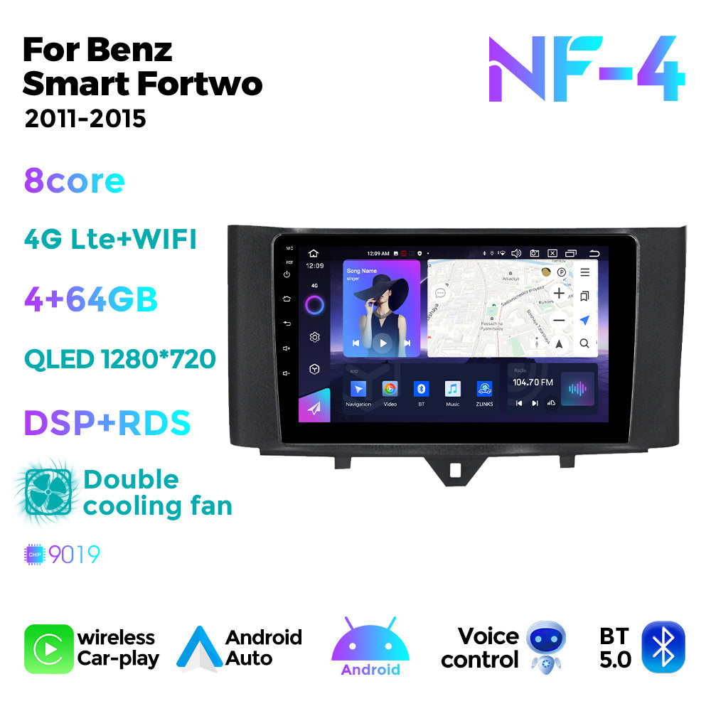 NaviFly NF Series Android 14 8G+256G 2K QLED screen CarPlay Auto DSP RDS 4GLte WIFI For Mercedes Benz Smart Fortwo 2011-2015 9.5Inch