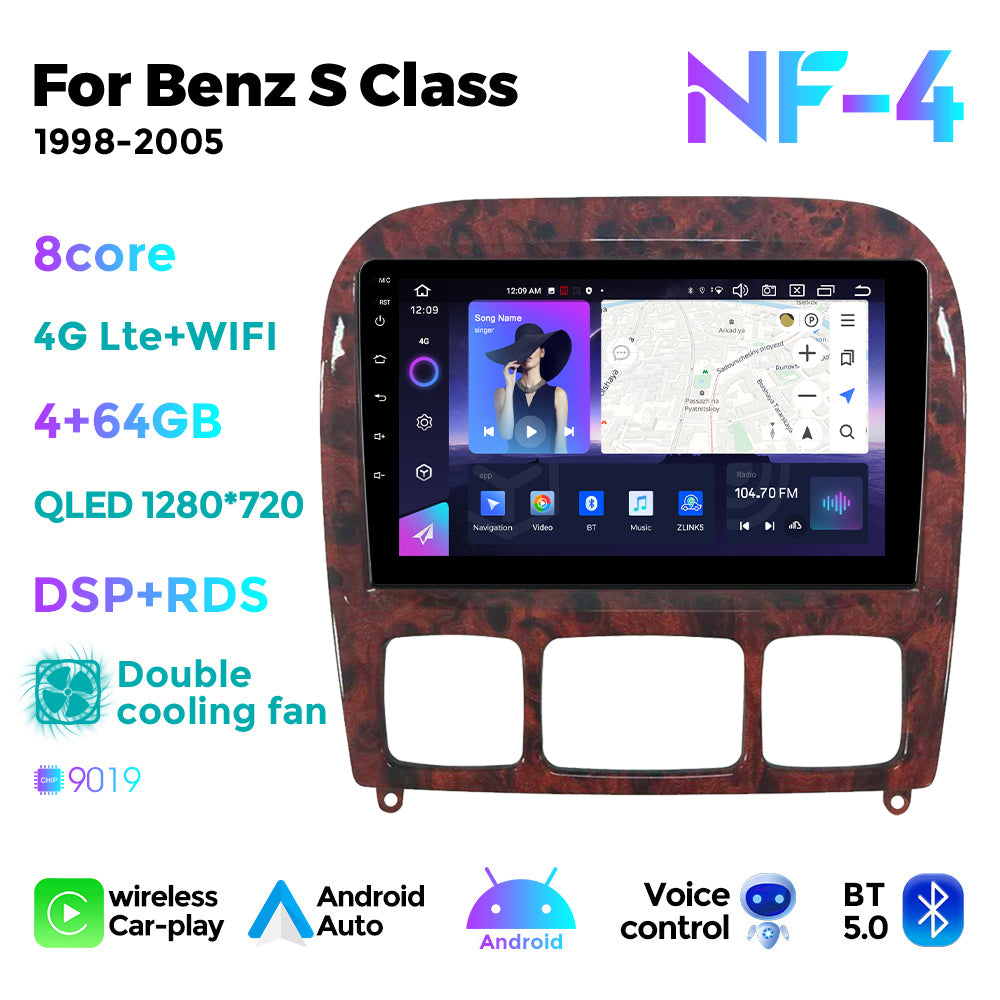 NaviFly NF Series Android 14 8G+256G 2K QLED screen CarPlay Auto DSP RDS 4GLte WIFI For Mercedes Benz S Class 1998-2005 9.5Inch