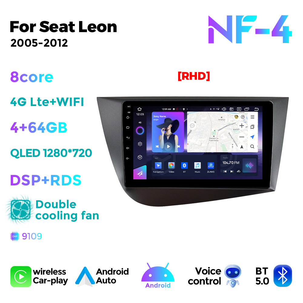 NaviFly NF Series Android 14 8G+256G 2K QLED screen CarPlay Auto DSP RDS 4GLte WIFI For Seat Leon 2005-2012 9inch