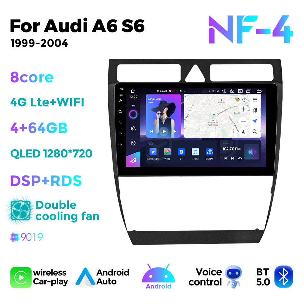 NaviFly NF Series Android 14 8G+256G 2K QLED screen CarPlay Auto DSP RDS 4GLte WIFI For Audi A6 S6 1999-2004 9inch