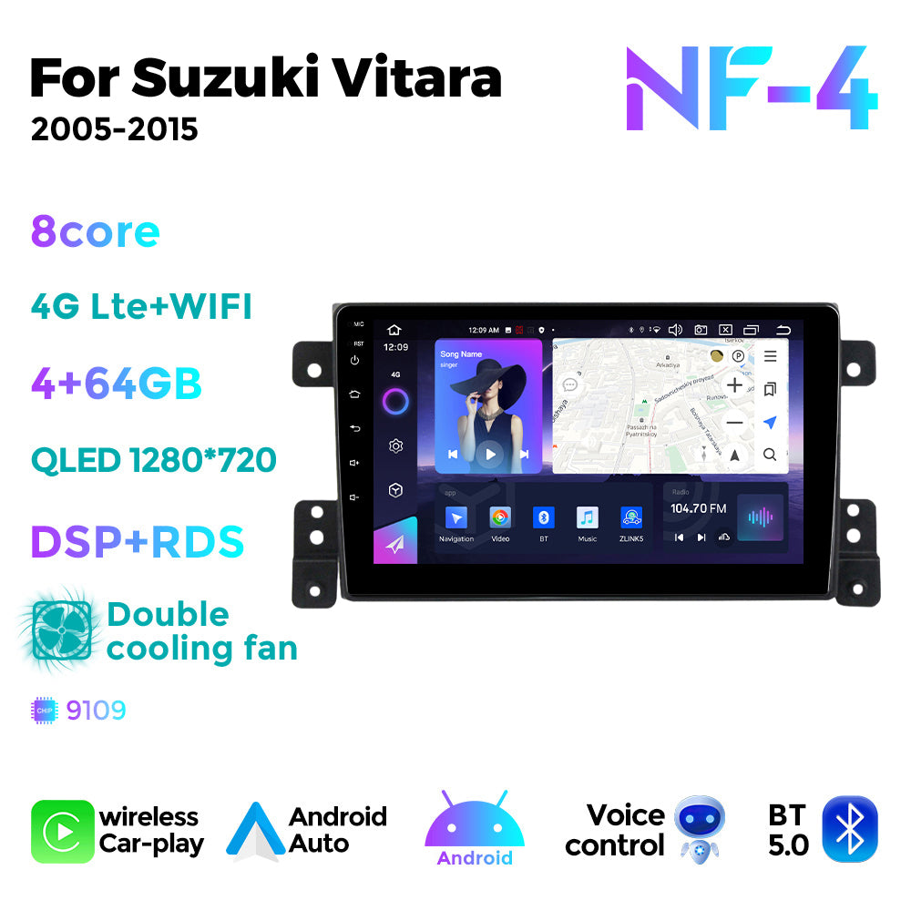 NaviFly NF Series Android 14 8G+256G 2K QLED screen CarPlay Auto DSP RDS 4GLte WIFI For Suzuki Vitara 2005-2015 9inch