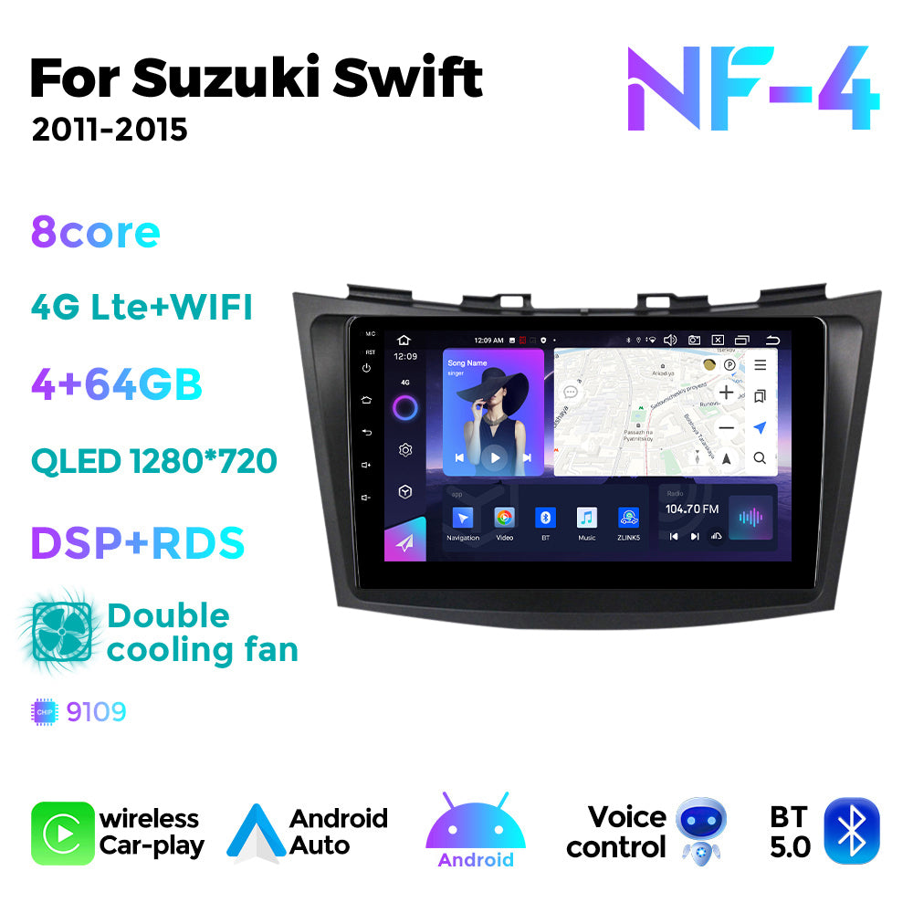 NaviFly NF Series Android 14 8G+256G 2K QLED screen CarPlay Auto DSP RDS 4GLte WIFI For Suzuki Swift 2011-2015 9inch