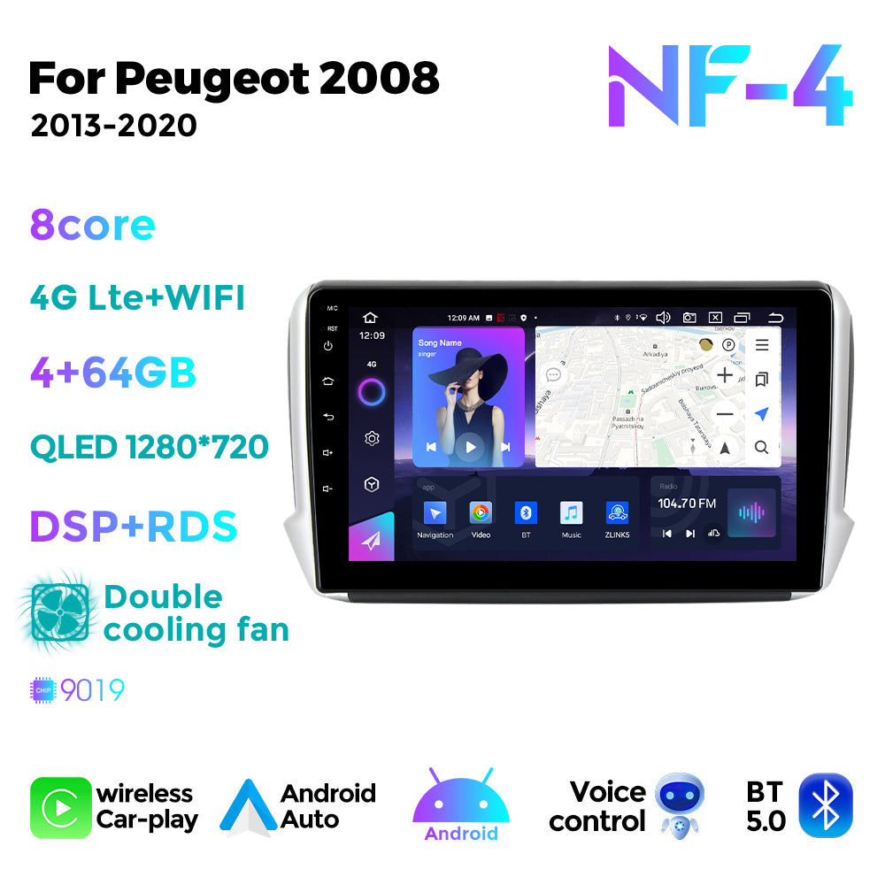 NaviFly NF Series Android 14 8G+256G 2K QLED screen CarPlay Auto DSP RDS 4GLte WIFI For Peugeot 2008 2013-2020 10inch