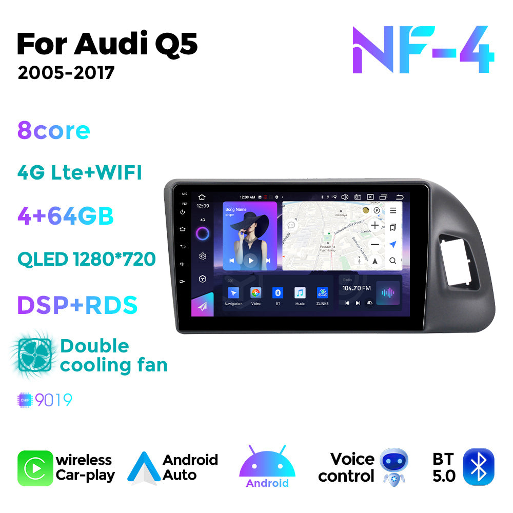 NaviFly NF Series Android 14 8G+256G 2K QLED screen CarPlay Auto DSP RDS 4GLte WIFI For Audi Q5 2005-2017 9inch