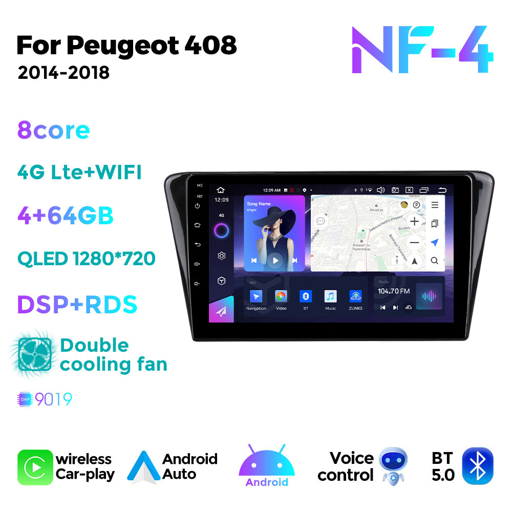 NaviFly NF Series Android 14 8G+256G 2K QLED screen CarPlay Auto DSP RDS 4GLte WIFI For Peugeot 408 2014-2018 10inch