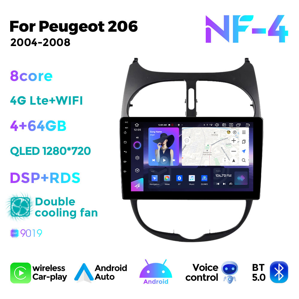 NaviFly NF Series Android 14 8G+256G 2K QLED screen CarPlay Auto DSP RDS 4GLte WIFI For Peugeot 206 2004-2008 9inch