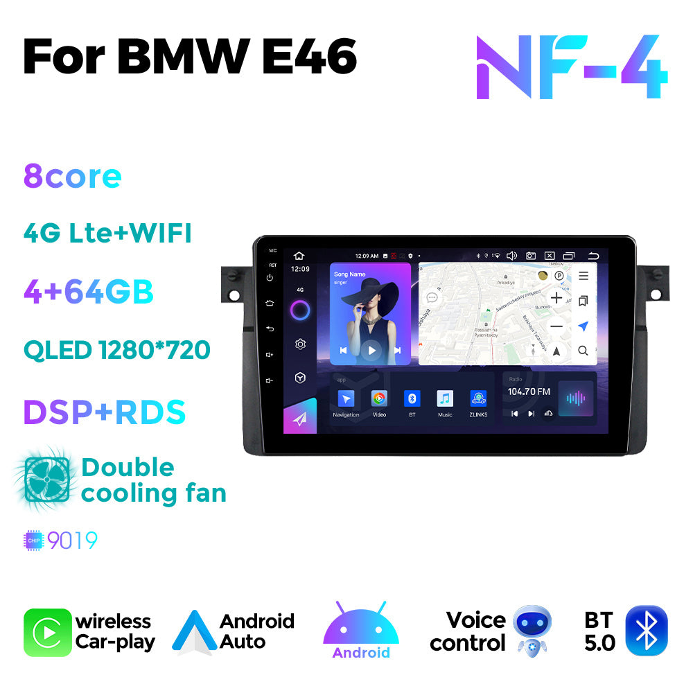 NaviFly NF Series Android 14 8G+256G 2K QLED screen CarPlay Auto DSP RDS 4GLte WIFI For BMW E46 9inch